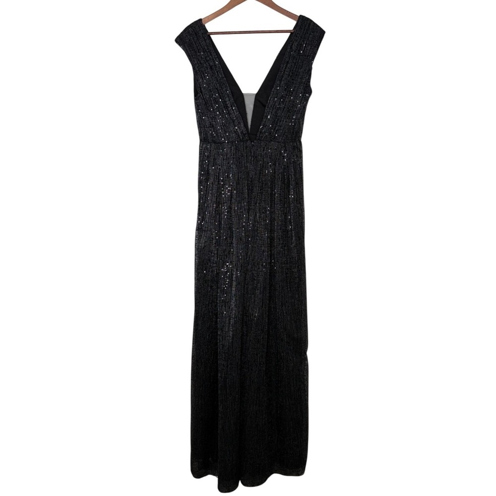 Monique Lhuillier Black Sequin Maxi Gown Deep V Formal Evening Dress 4 - Picture 5 of 5